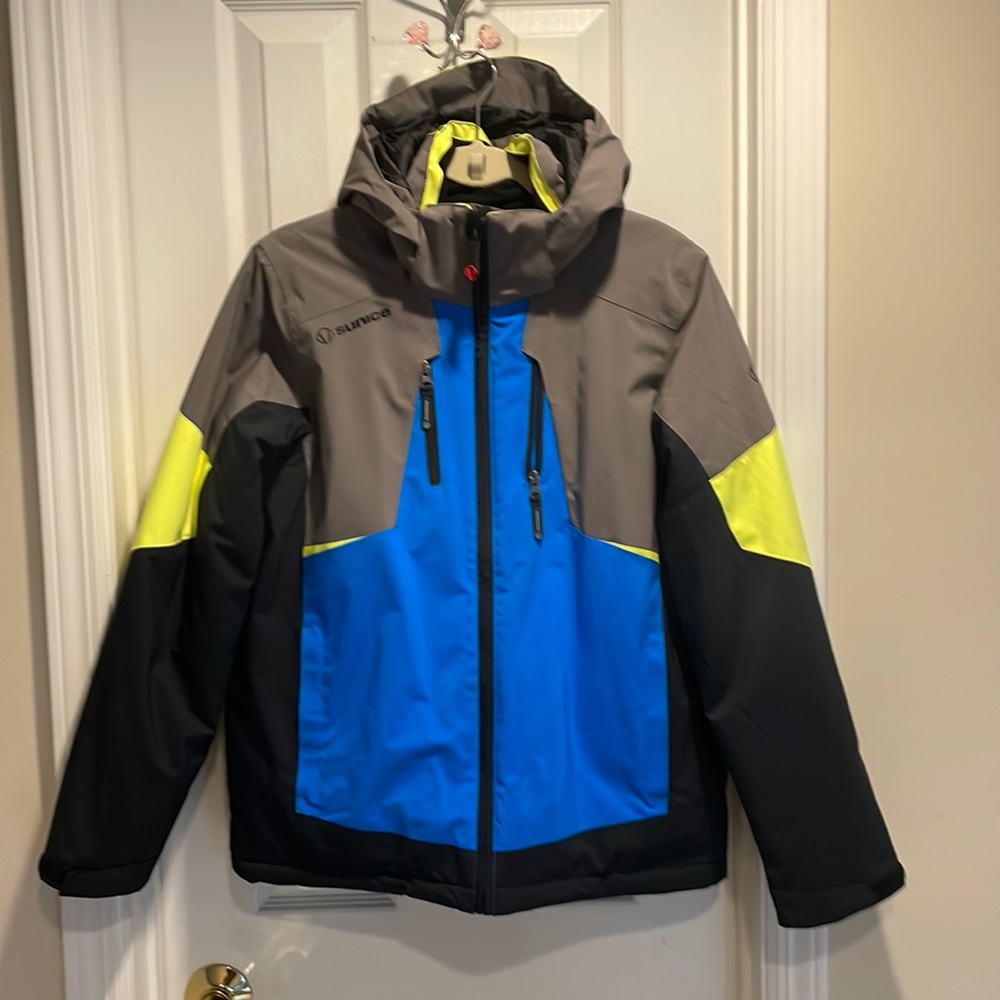 Sunice size 16 Ski Jacket Black Gray Aqua Zip Off Detachable Hood